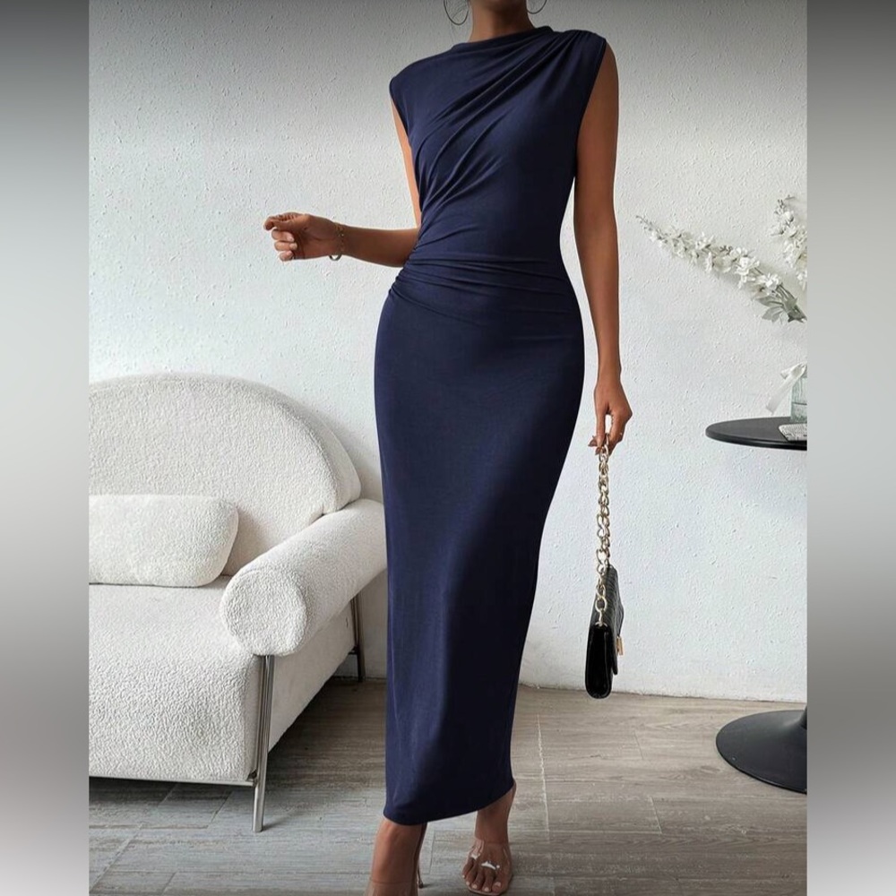Elegant Navy Sleeveless Draped Bodycon Maxi Dress